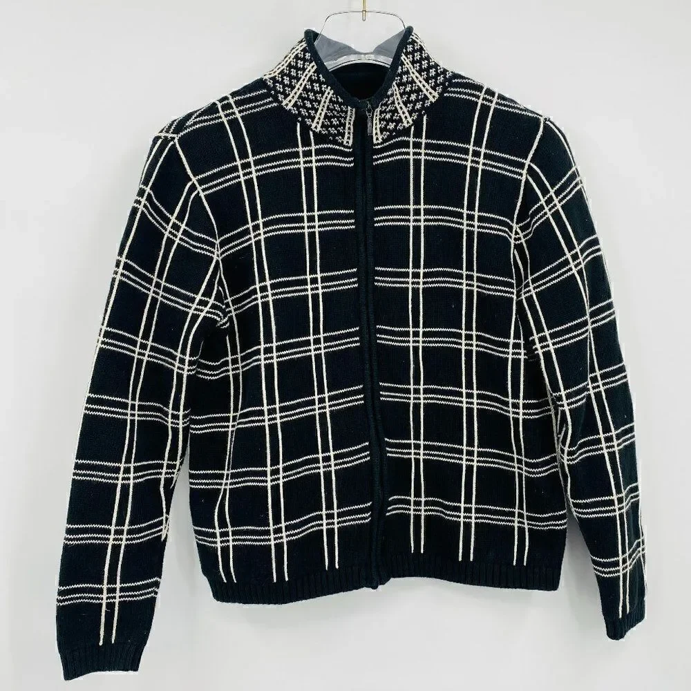 Talbots Petite SP Black White Window Pane Plaid Long Sleeve Zip Jacket